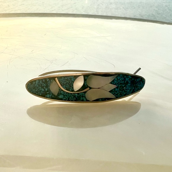 VINTAGE 70s French Silver Flower Mother of Pearl Barrette Hair Clip - Picture 4 of 5